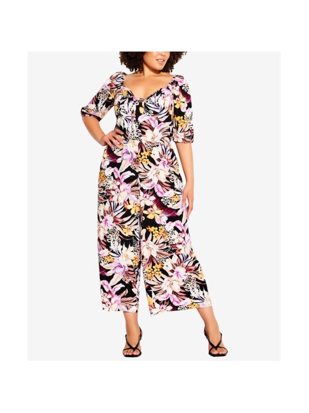 City Chic Romper with Pink, Black & Yellow Floral Print